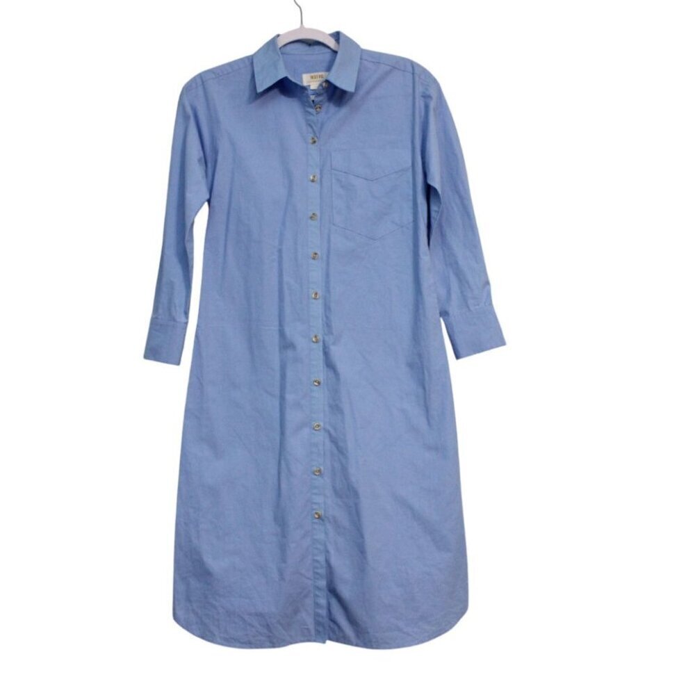 Anthropologie Maeve Shirt Dress XS Petite Blue Midi Long Sleeve Preppy Casual